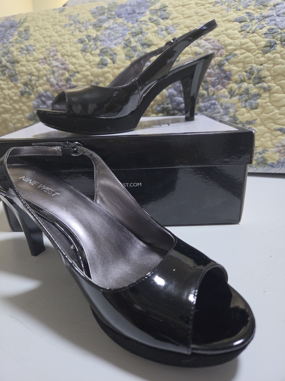 Nine West Black Patent Slingback Peep-Toe Heels